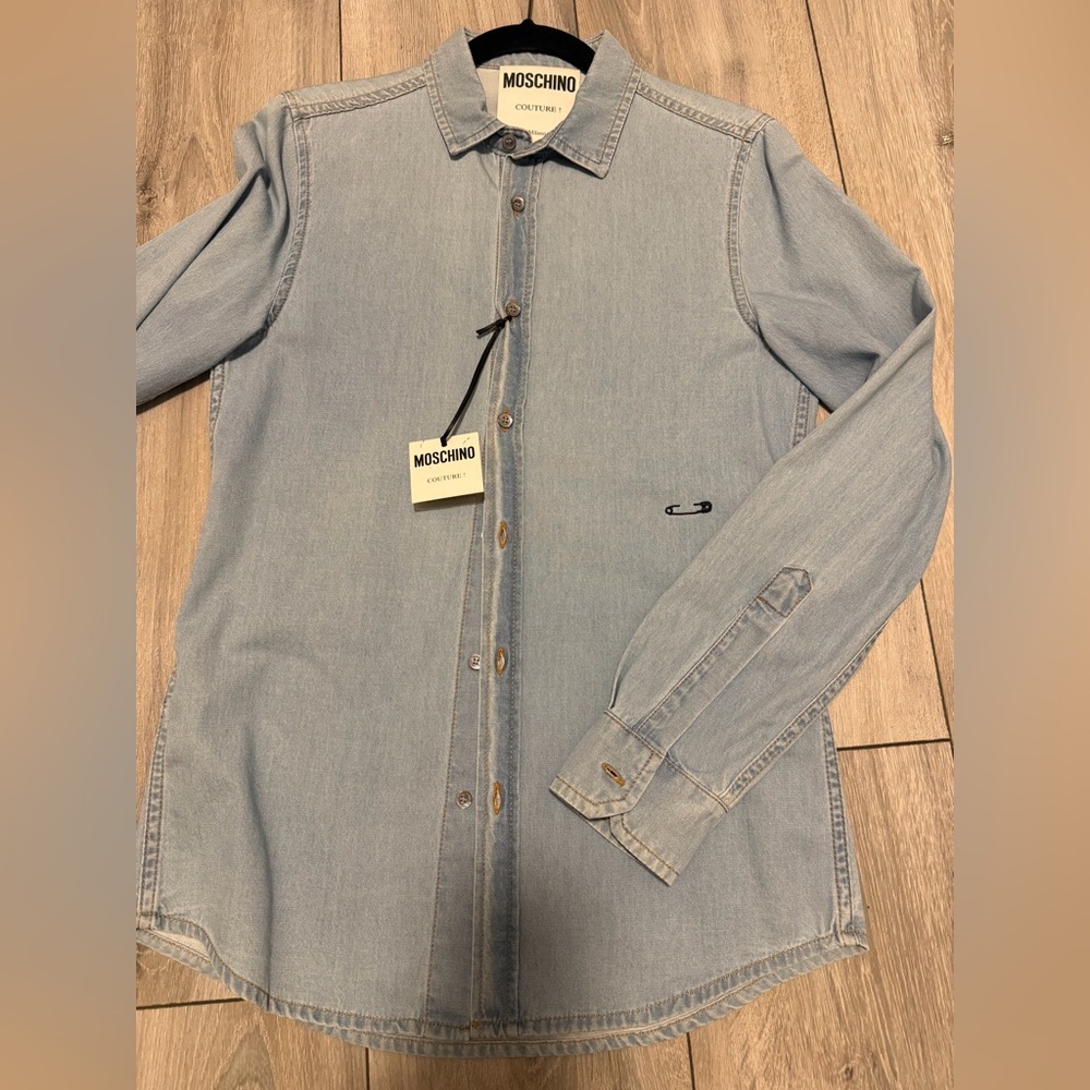 Moschino Light Wash Denim Button-Up Shirt - Pale Blue